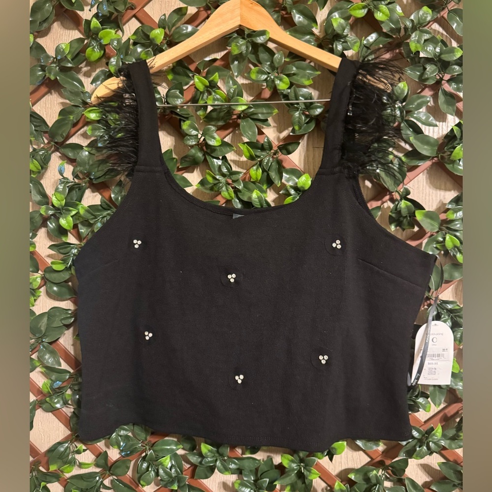 Arula Black Embellished Feather Strap Crop Top NWT